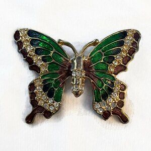 Vintage Green Gold Butterfly Brooch Costume Jewelry Faux Diamond